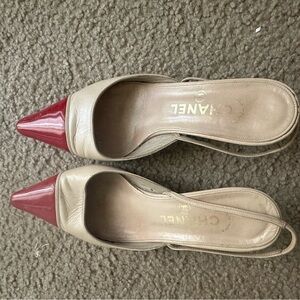 CHANEL Beige and Red Pointed Toe Heels